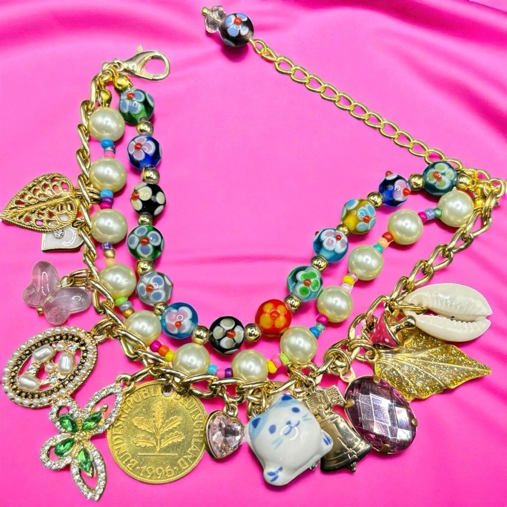 Colorful Charm Bracelet with Vintage Charms, Faux Pearls & Millefiori Beads